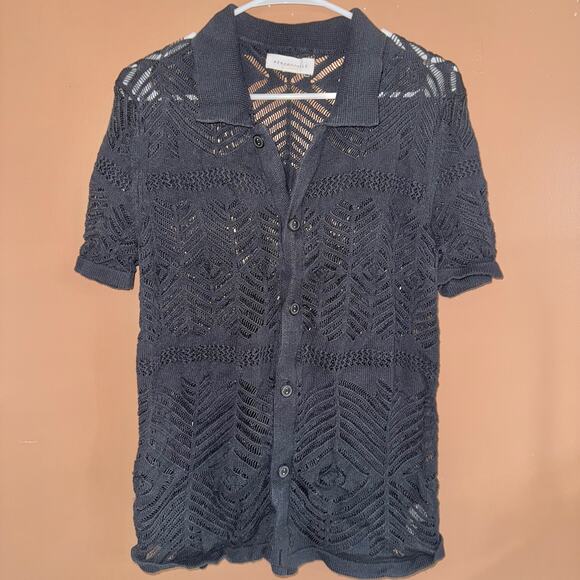 Aeropostale Men's Short Sleeve Knit Fish Net Button Up Collared Tee T-Shirt Navy - Picture 1 of 8